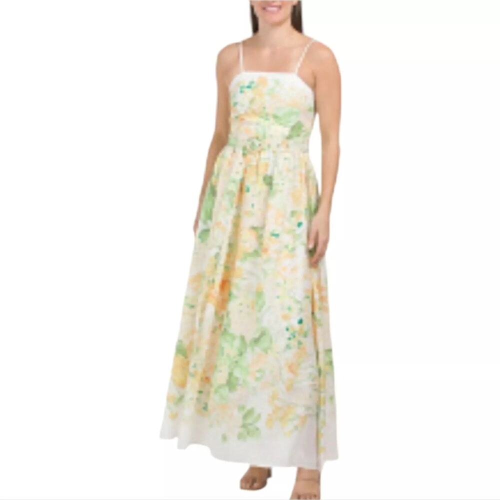 NWT Dalia MacPhee Yellow and Green Floral Maxi Fit n Flare Sundress Women's L